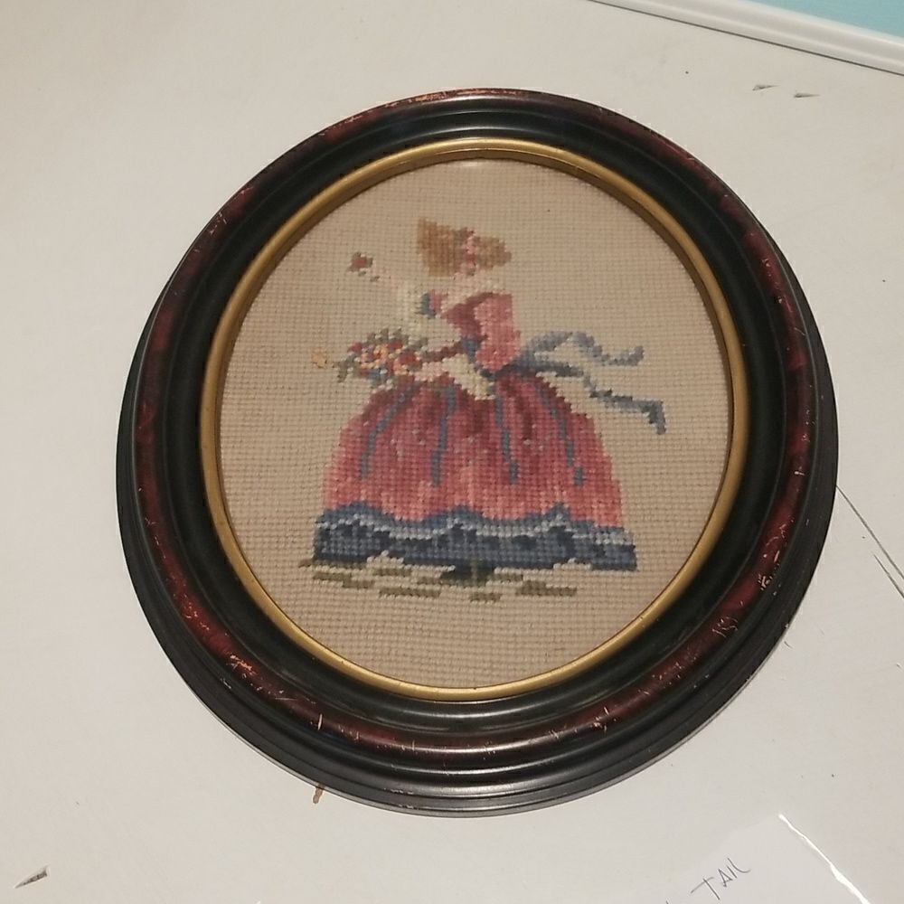 Vintage Oval Framed Needle Point Cross Stitch Antique